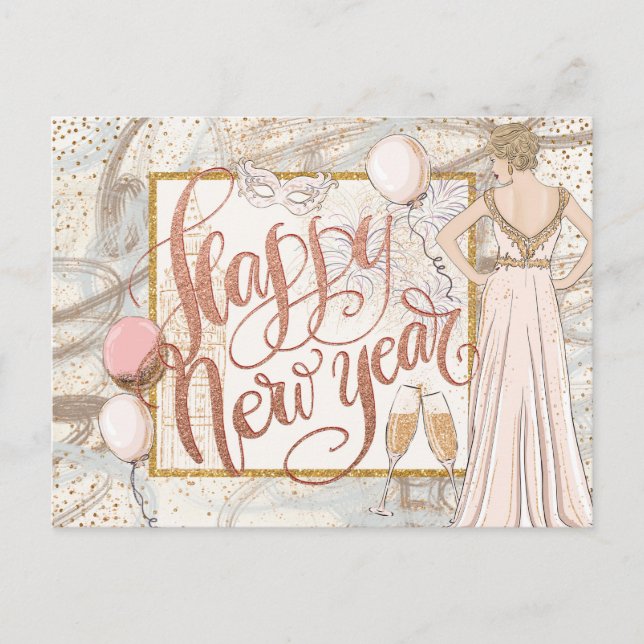 Carte Postale Bonne année Champagne, ballons, élégante Dame (Devant)