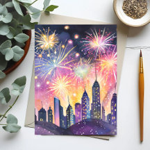 Bonne année | Feux d'artifice Cité Nuit Aquarelle