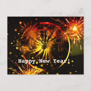 Carte Postale Bonne année ! Feux d'artifice et horloge