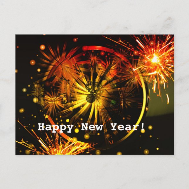 Carte Postale Bonne année ! Feux d'artifice et horloge (Devant)