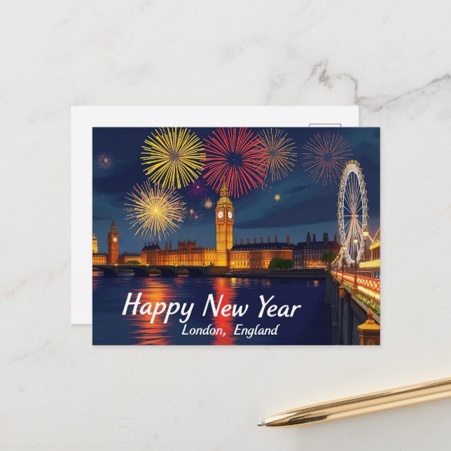 Carte Postale Bonne année Londres fête (Devant/Arrière en situation)