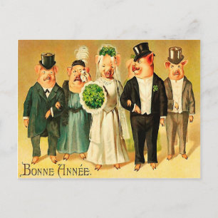 Carte Postale Bonne Année - Mariée et chambre avec famille