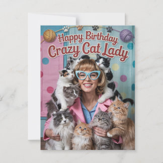 Carte Postale Bonne Anniversaire drôle rétro Crazy Cat Lady