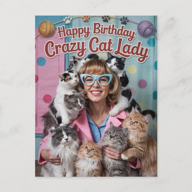 Carte Postale Bonne Anniversaire drôle rétro Crazy Cat Lady (Devant)