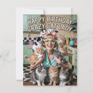 Carte Postale Bonne Anniversaire drôle rétro Crazy Cat Lady