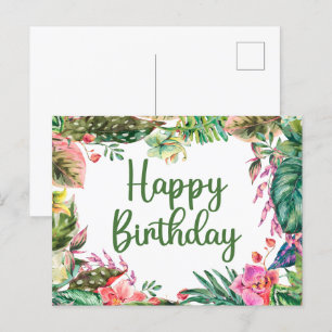 Carte Postale Bonne aquarelle d'anniversaire Feuilles tropicaux,