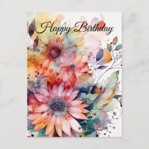 Carte Postale Bonne aquarelle d'anniversaire Fleurs Abstraites
