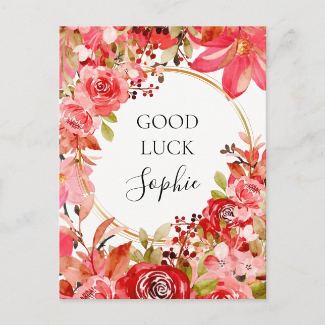Carte Postale Bonne Chance Cadre Doré Fleurs Roses Personnalisé (Devant)