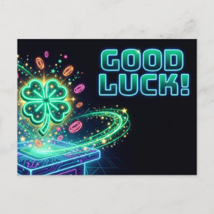 Carte Postale "BONNE CHANCE!" Enseigne au néon avec trèfle à qua