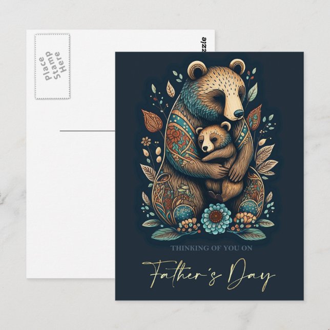 Carte Postale Bonne Fête des pères mignonne ours Folk Art (Devant / Derrière)