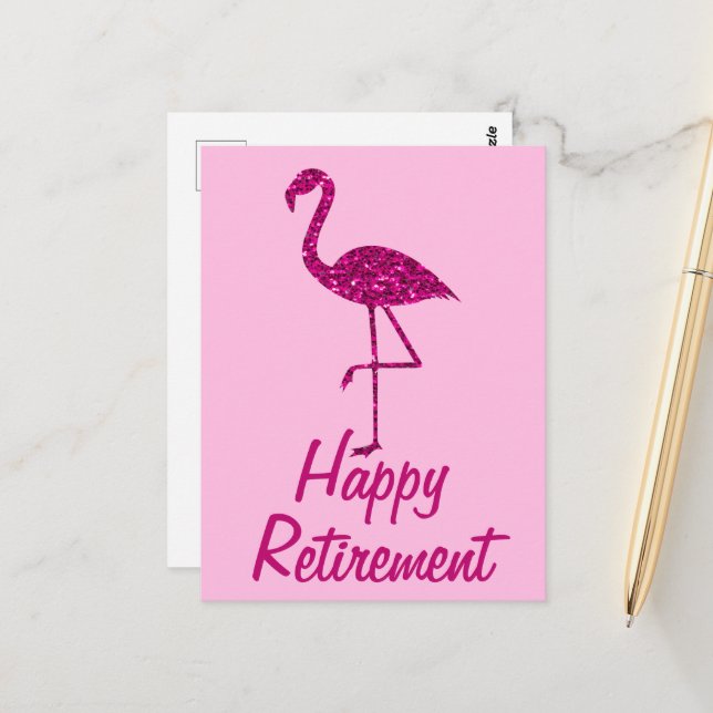 Carte Postale Bonne retraite brillant rose flamingo Texte person (Devant/Arrière en situation)