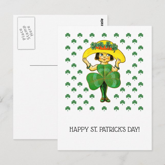 Carte Postale Bonne Saint Patrick. Petite fille irlandaise migno (Devant / Derrière)