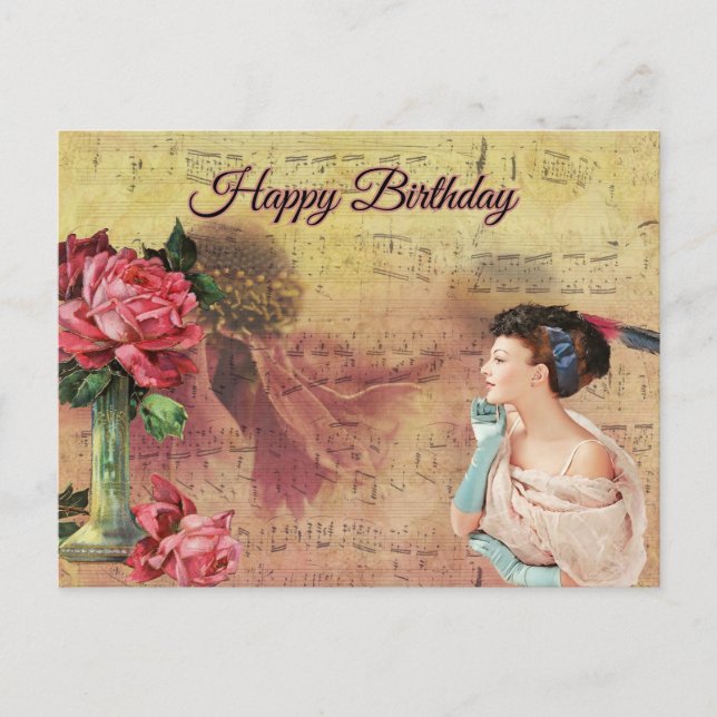 Carte Postale Bonne Vintage d'anniversaire avec Roses (Devant)