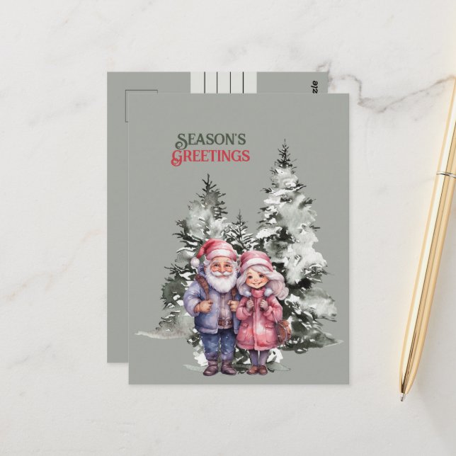 Carte Postale Bonnes Fêtes Noël arbre couple (Devant/Arrière en situation)