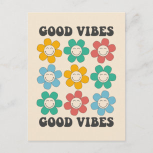 Carte Postale Bonnes Vibrations Fleurs de Marguerite Rétro Color