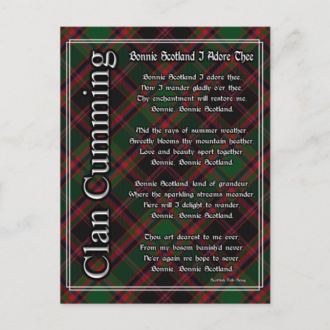 Carte Postale Bonnie Ecosse J'Adore Le Clan Cumming Tartan (Devant)
