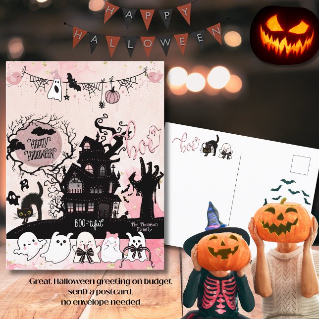 Carte postale "Boo" de voeux pour Halloween rose e (Pink and Black Halloween Boo Greeting Postcard)