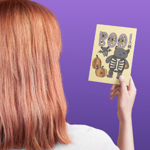 Carte Postale Boo ! Patchwork squelette chat et chaume Halloween