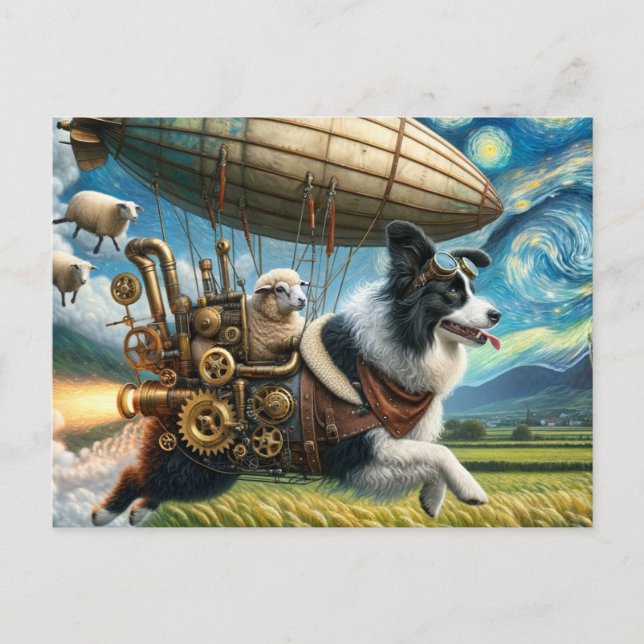 Carte Postale Border Collie Steampunk drôle avec des moutons et  (Devant)