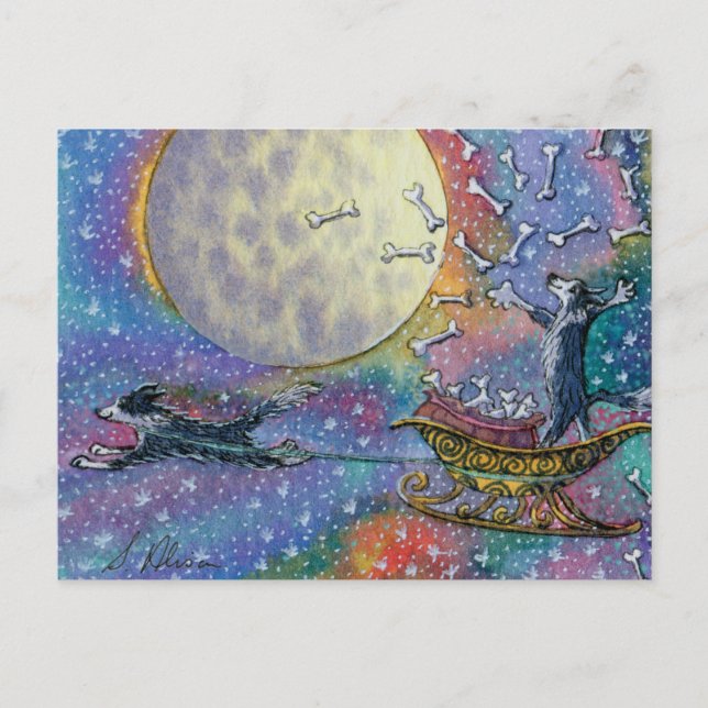 Carte Postale Bordure Collie chien jeter des os au monde (Devant)