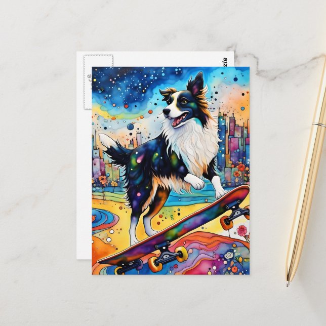 Carte Postale Bordure Collie Skateboard (Devant/Arrière en situation)