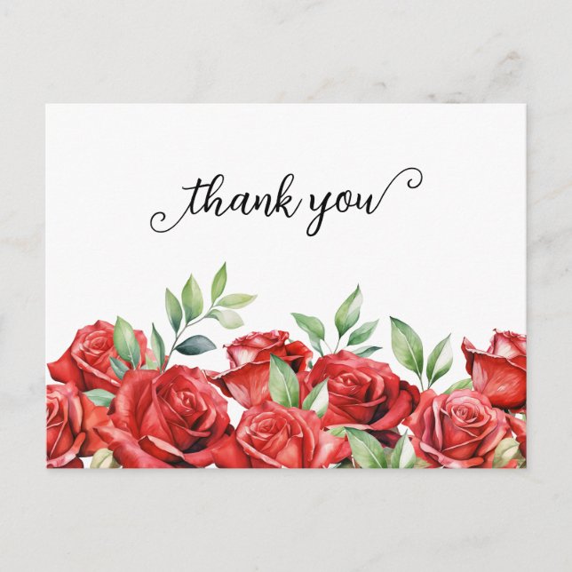 Carte Postale Bordure de roses rouges aquarelle pour remerciemen (Devant)