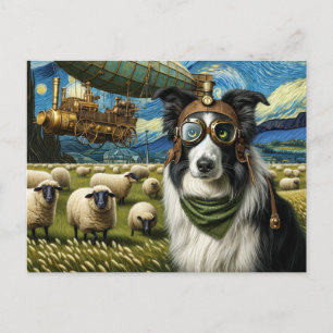 Carte Postale Bordure de Steampunk Collie avec mouton