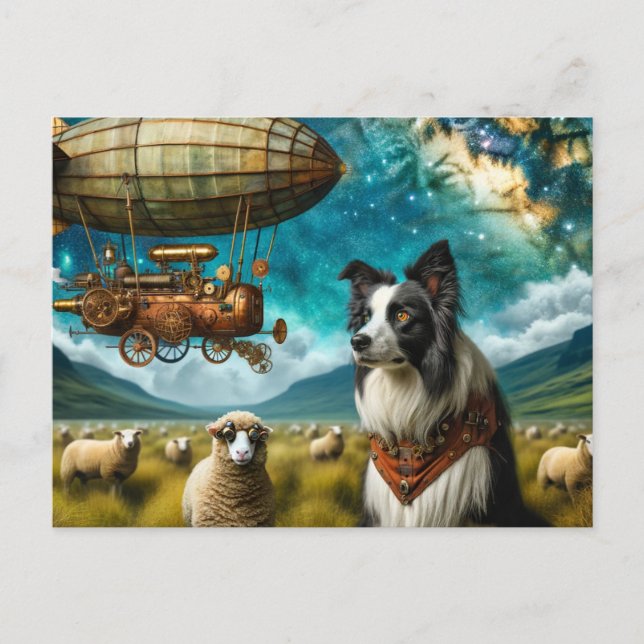 Carte Postale Bordure de Steampunk Collie avec mouton et limbe (Devant)