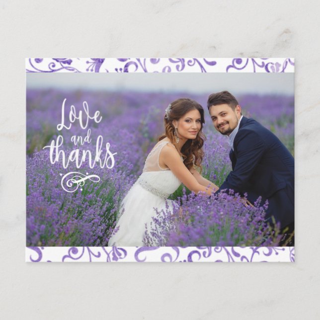 Carte Postale Bordure pourpre fleurie Deux Mariage photo Merci (Devant)