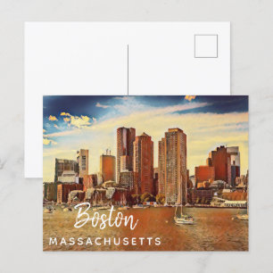 Carte Postale Boston City Skyline Massachusetts Peinture Vintage