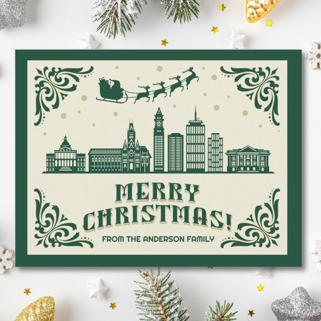 Carte postale Boston, MA Skyline Christmas Holiday (Boston, MA skyline christmas card green modern merry christmas postcard with custom details)