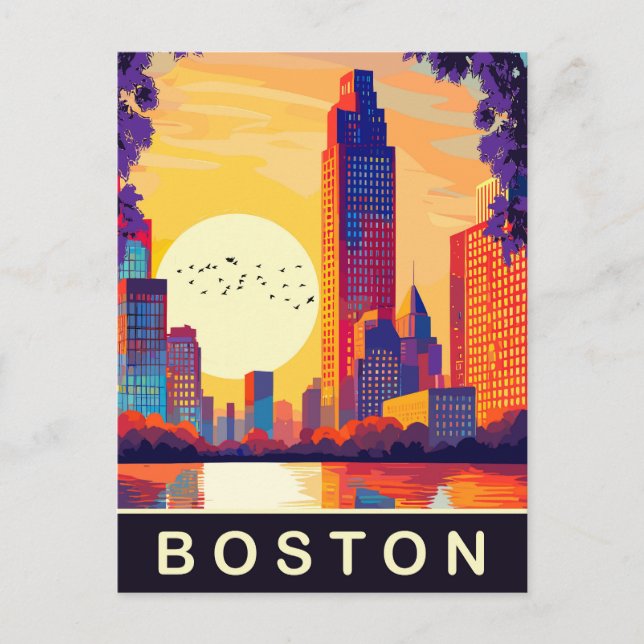 Carte Postale Boston, MA, Skyline sur Sunset, Voyage (Devant)