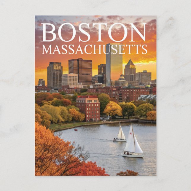 Carte Postale Boston Massachusetts Skyline Automne Voiliers Post (Devant)