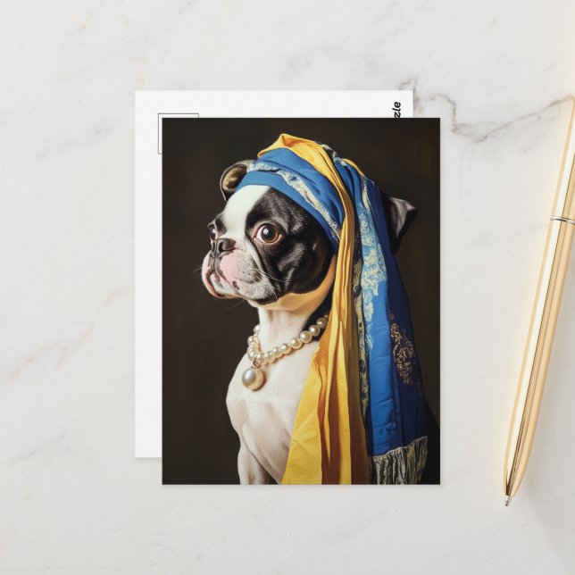 Carte Postale Boston Terrier Avec Collier Pearl (Devant/Arrière en situation)