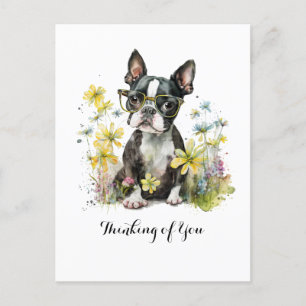 Carte Postale Boston Terrier lunettes Floral Penser de vous