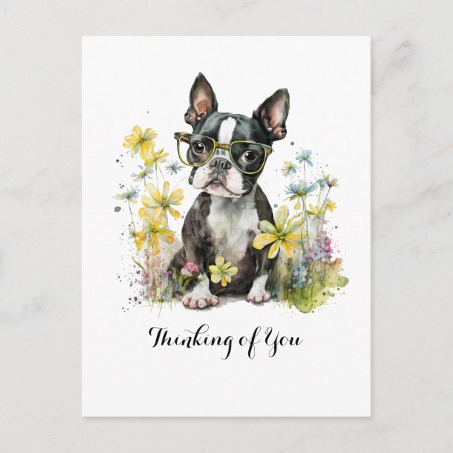 Carte Postale Boston Terrier lunettes Floral Penser de vous (Devant)