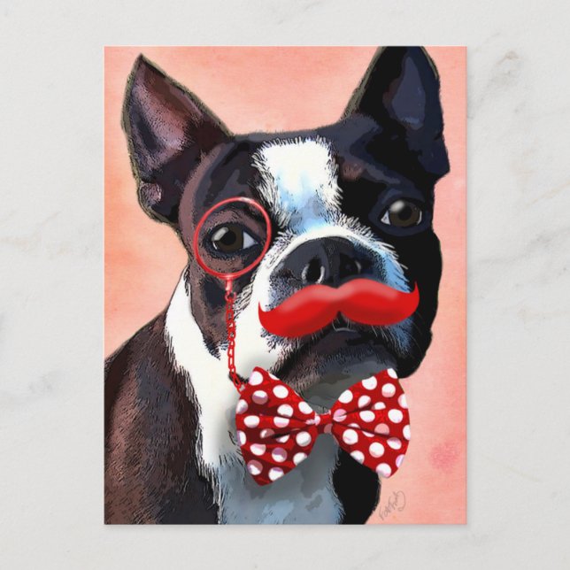 Carte Postale Boston Terrier Portrait avec Cravate Red Bow et 3 (Devant)