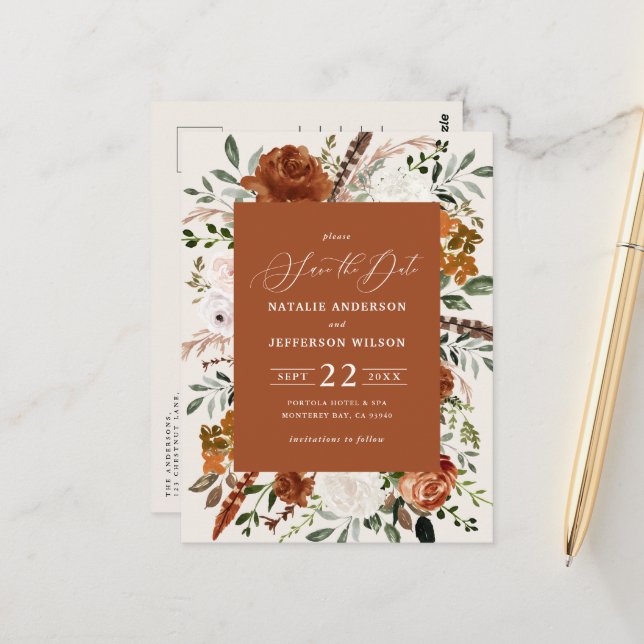 Carte Postale botanique naturel rustique élégant mariage moderne (Devant/Arrière en situation)