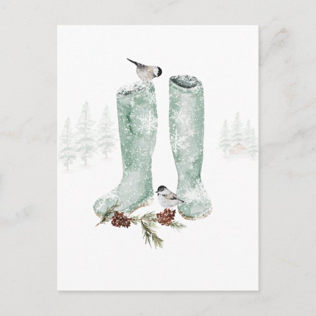 Carte Postale Bottes et poulets neige hiver paysage boisé (Devant)