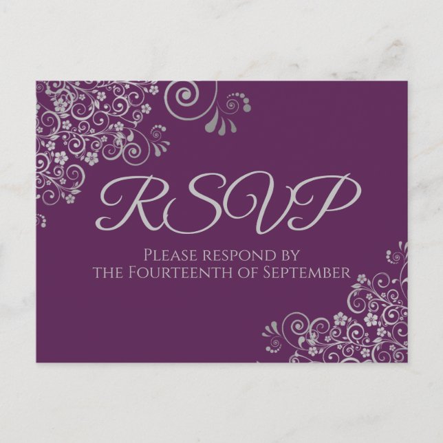 Carte Postale Boucles d'argent Élégant Plum Purple Mariage RSVP (Devant)