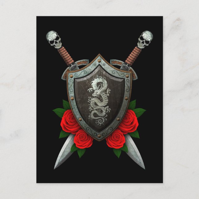 Carte Postale Bouclier dragon chinois usé et épées avec Roses (Devant)