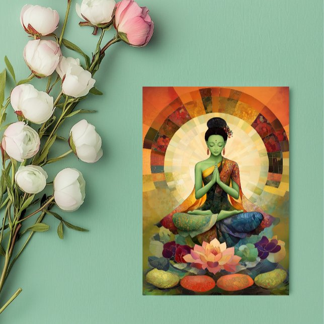 Carte Postale Bouddha Tara verte peinture florale Zen (Créateur téléchargé)