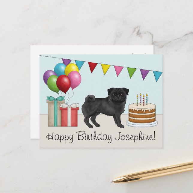 Carte Postale Bougie noir Chien de dessin animé mignon Anniversa (Devant/Arrière en situation)