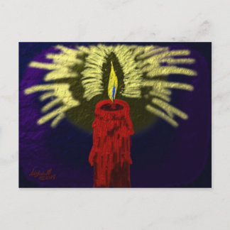 Carte Postale bougie rouge avec lumière dorée, fond bleu nuit