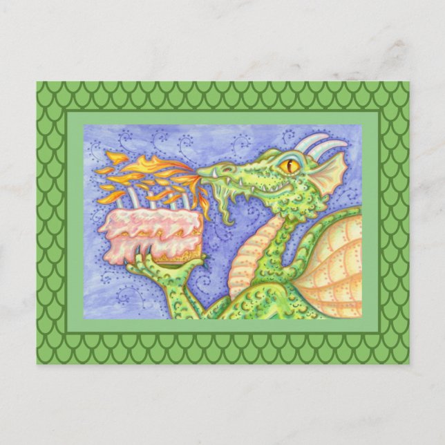 CARTE POSTALE BOUGIES D'ANNIVERSAIRE DRAGON QUI SOUFFLE DU FEU (Devant)