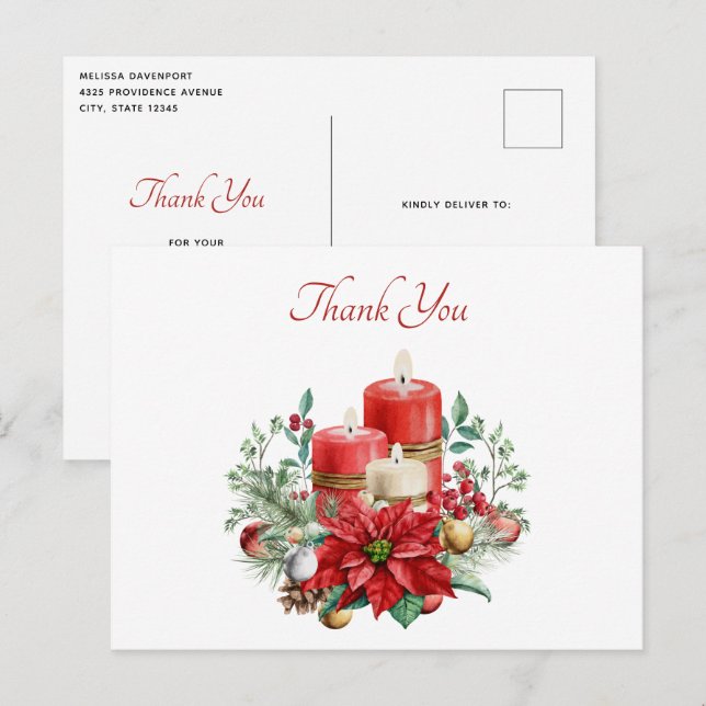 Carte Postale Bougies et bouquet de fleurs de Noël Merci (Devant / Derrière)