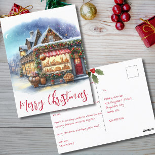Carte Postale Boulangerie d'aquarelle de Noël à la nuit