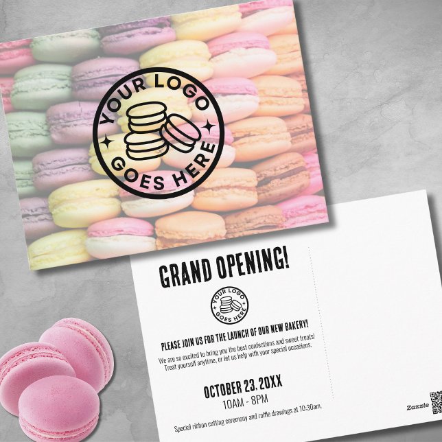 Carte Postale Boulangerie d'ouverture (Cute Colorful Macaron Cookie Grand Opening Bakery Postcard)
