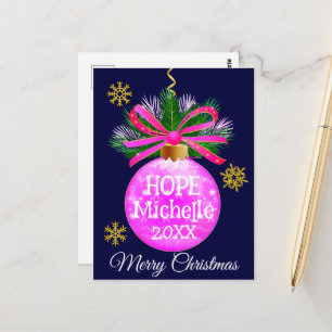 Carte Postale Boule de Noël unique ruban rose