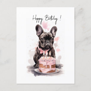 Carte Postale Bouledogue français avec gâteau d'anniversaire